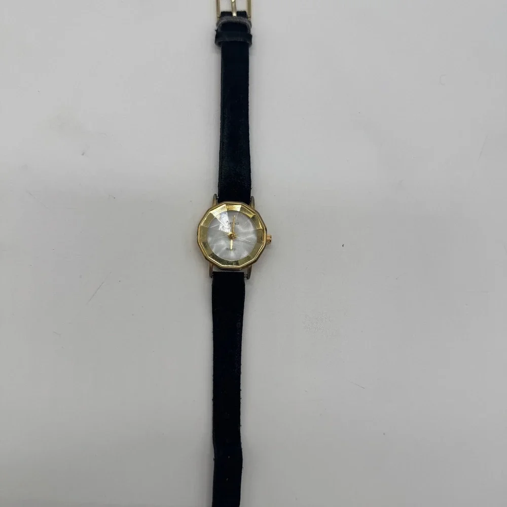 Carriage by Timex Womens Watch Gold Tone Decagon Mother‎ of Pearl Black Leather